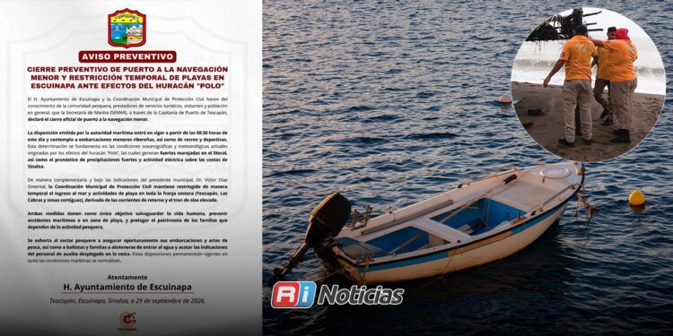 Cierran puerto a navegación menor y restringen playas en Escuinapa por efectos de “Polo”