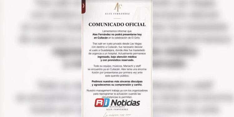 Alex Fernández es hospitalizado y cancela presentación en Culiacán por El Grito