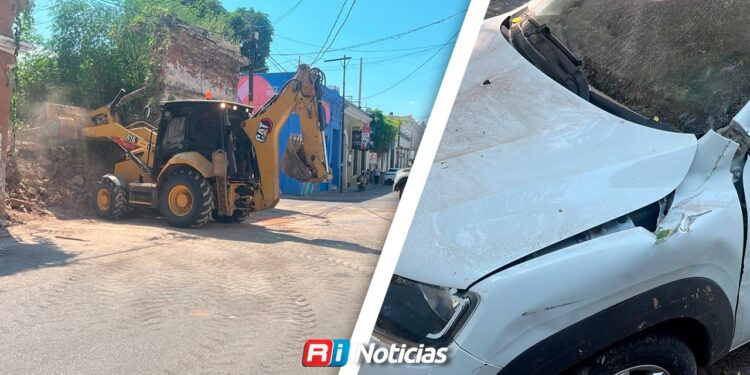 Se desploma barda de una vivienda antigua en el Centro de Culiacán y daña dos vehículos