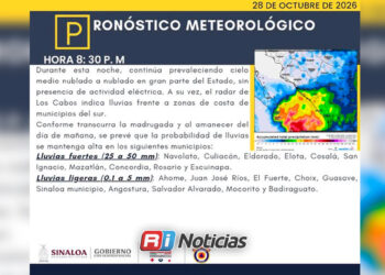 Prevén lluvias intensas durante la noche y madrugada en el centro y sur de Sinaloa