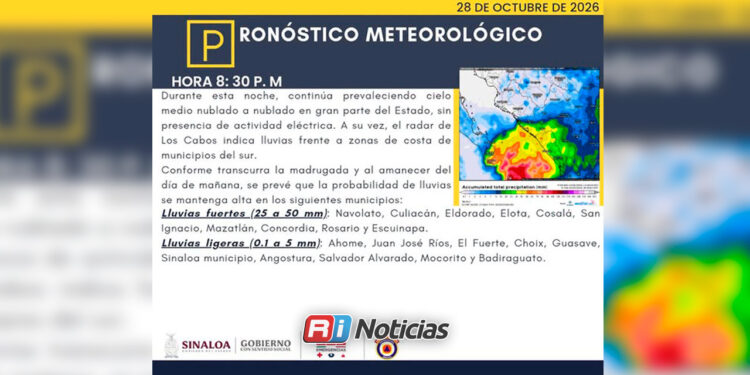 Prevén lluvias intensas durante la noche y madrugada en el centro y sur de Sinaloa
