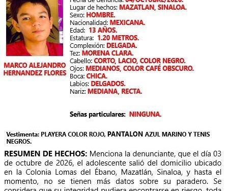 Buscan a Marco Alejandro de 13 años reportado como desaparecido en Mazatlán