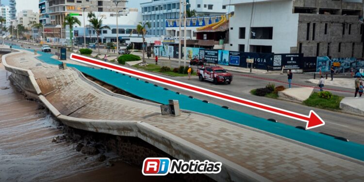 ¡Cierran Avenida del Mar! Fuerte oleaje provoca derrumbe de 100 metros del malecón de Mazatlán