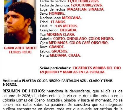 Activan Alerta Amber por desaparición de Giancarlo de 17 años en Mazatlán