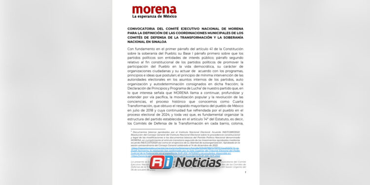 Morena emite convocatoria para definir coordinaciones municipales en Sinaloa