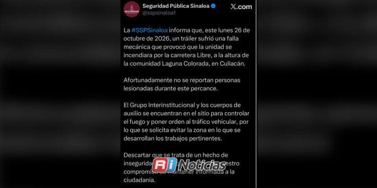 Se incendia tráiler por falla mecánica en carretera Libre de Culiacán